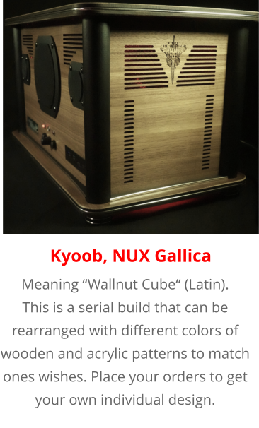 Meaning “Wallnut Cube“ (Latin). This is a serial build that can be rearranged with different colors of wooden and acrylic patterns to match ones wishes. Place your orders to get your own individual design. Kyoob, NUX Gallica