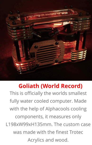 This is officially the worlds smallest fully water cooled computer. Made with the help of Alphacools cooling components, it measures only L198xW99xH135mm. The custom case was made with the finest Trotec Acrylics and wood. Goliath (World Record)